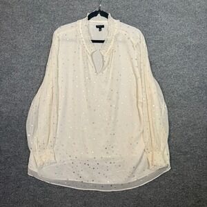 Talbots Shirt Womens 3X Plus Ivory Silver Metallic Bohemian Ruffle Neck Blouse